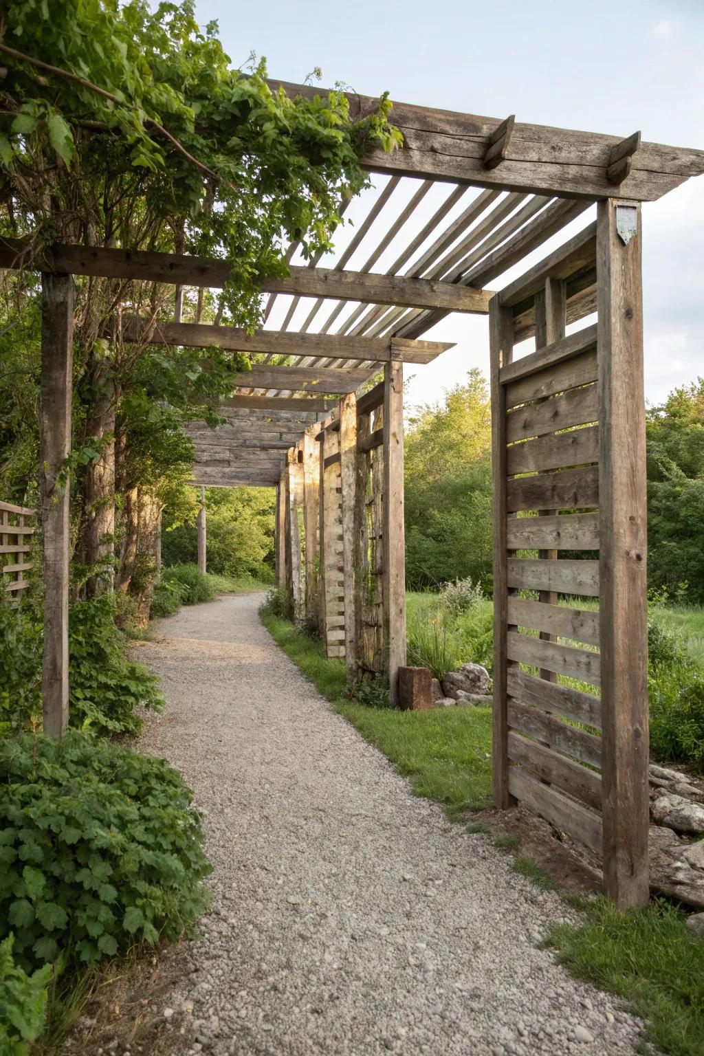 Reclaimed wood panels contribute warmth and history to outdoor spaces.