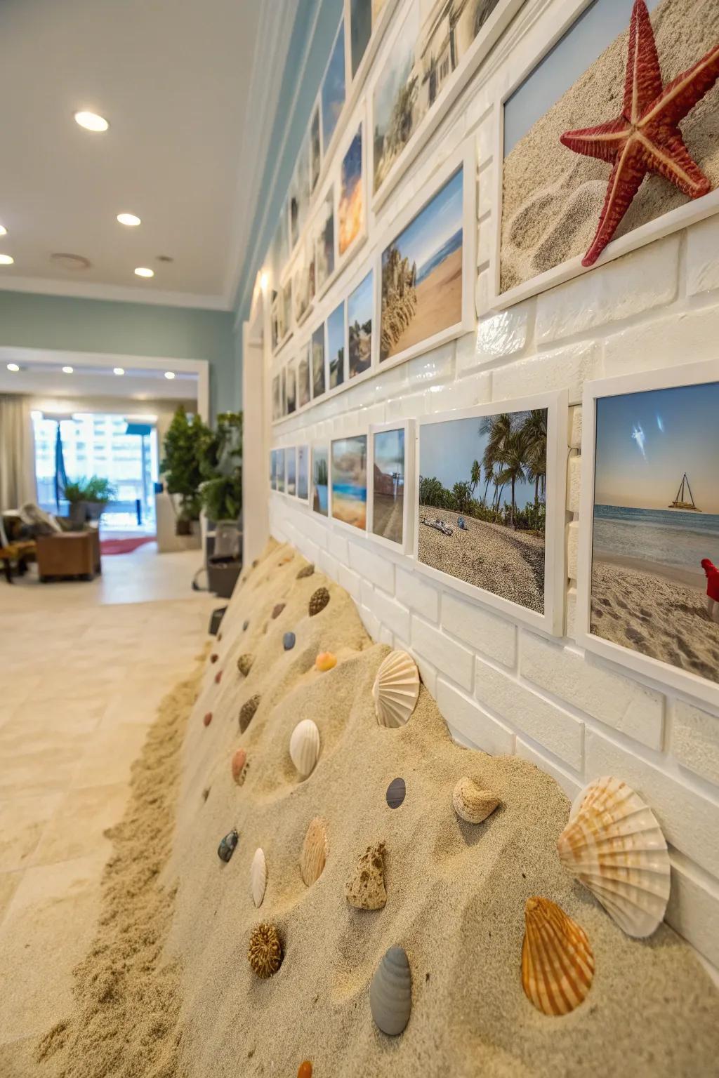 A beach-themed photo wall with sand and shells, transporting visitors to a coastal paradise.