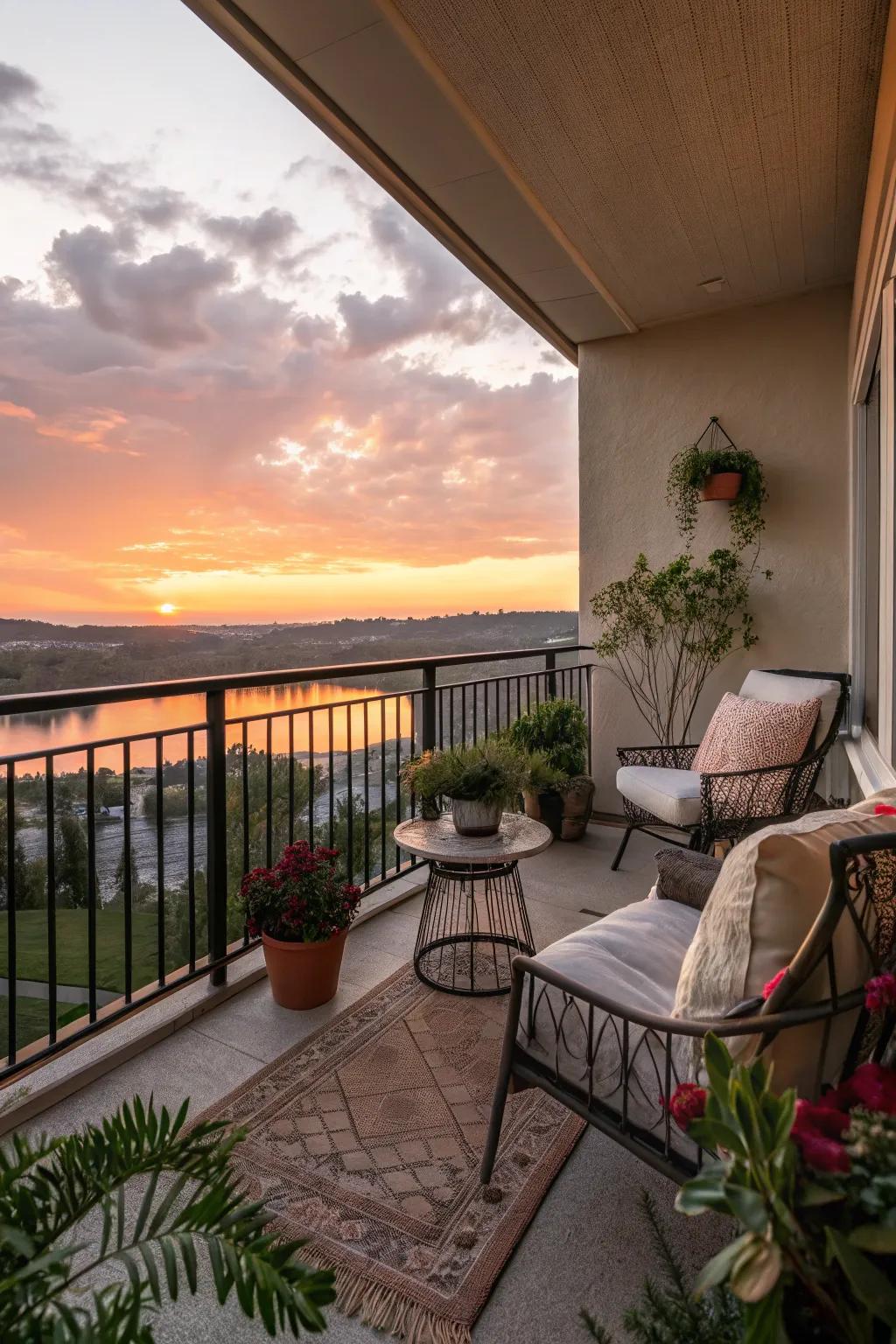 A serene balcony view during sunset with cozy seating.