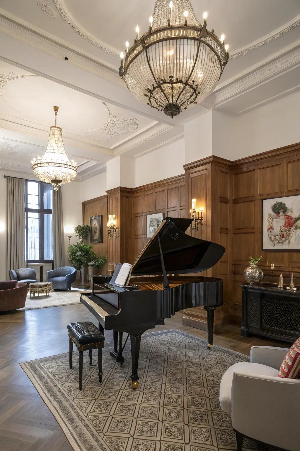 A fusion of timeless and modern aspects crafts a classic piano space.