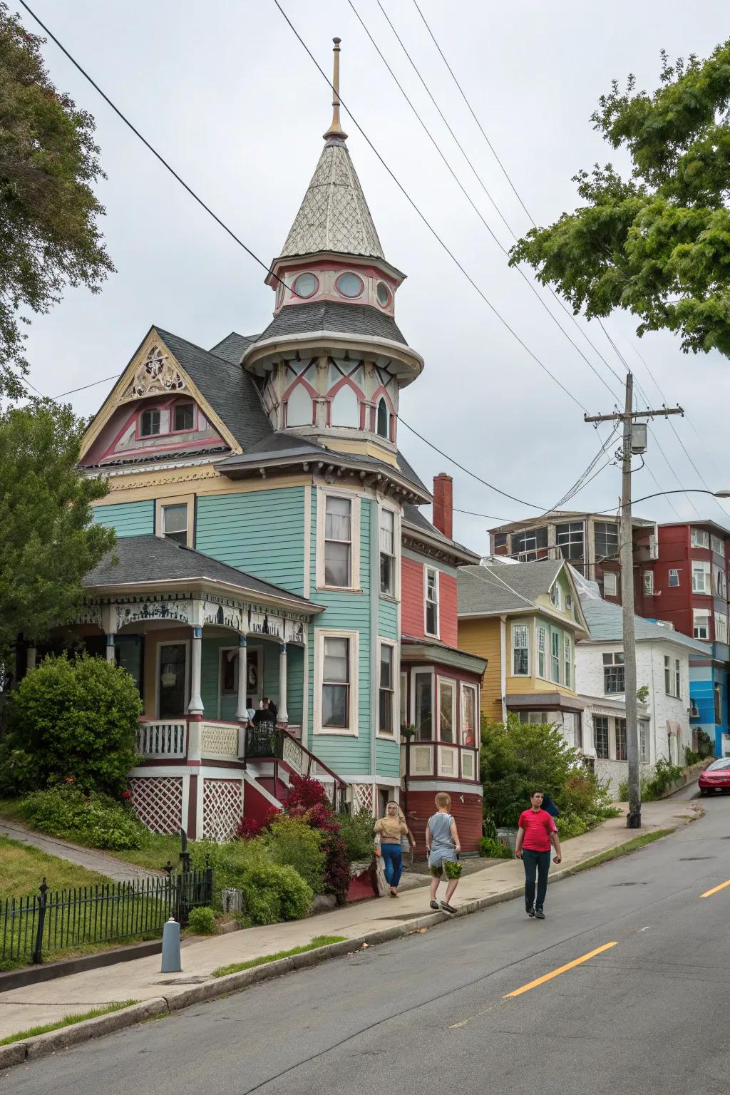 A house with an eclectic cupola, exhibiting a fusion of styles.