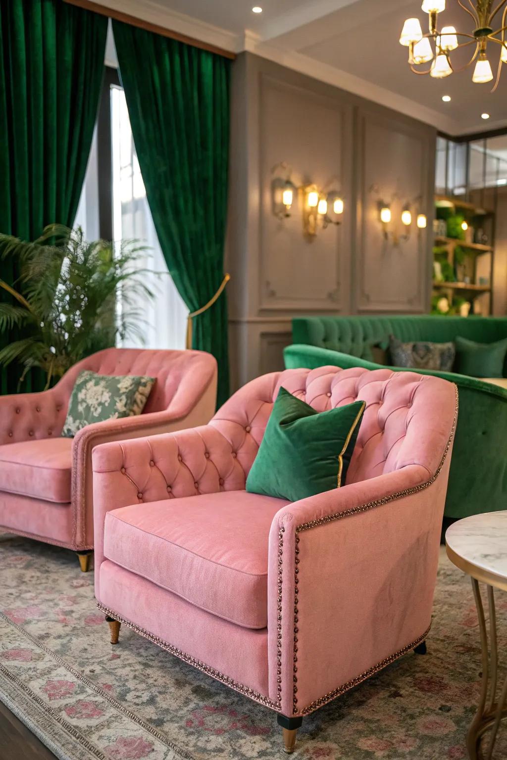 Velvet furnishings in pink and green add a luxurious touch.