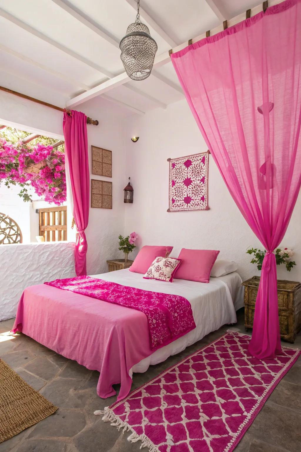 A pink and white wonderland brings enchantment to your bedroom.