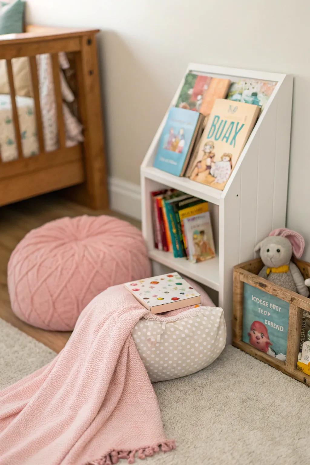 A cozy reading nook invites warmth and relaxation.