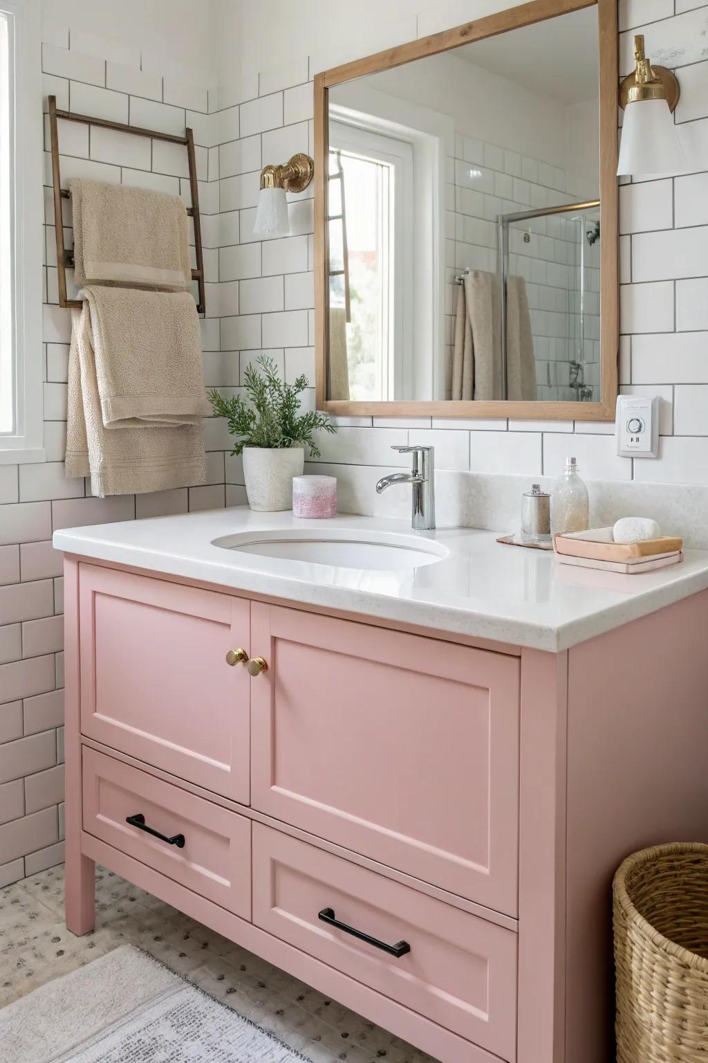 A rose vanity can be the centerpiece of the restroom.