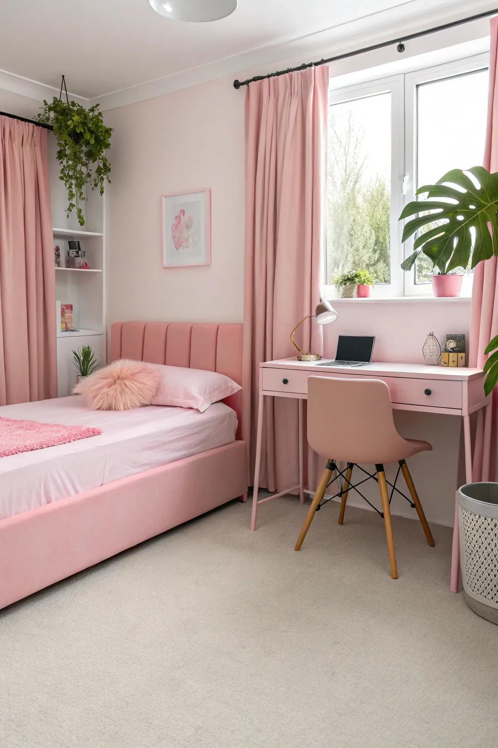 A rose bed frame serves as the focal point in this modern bedroom setting.