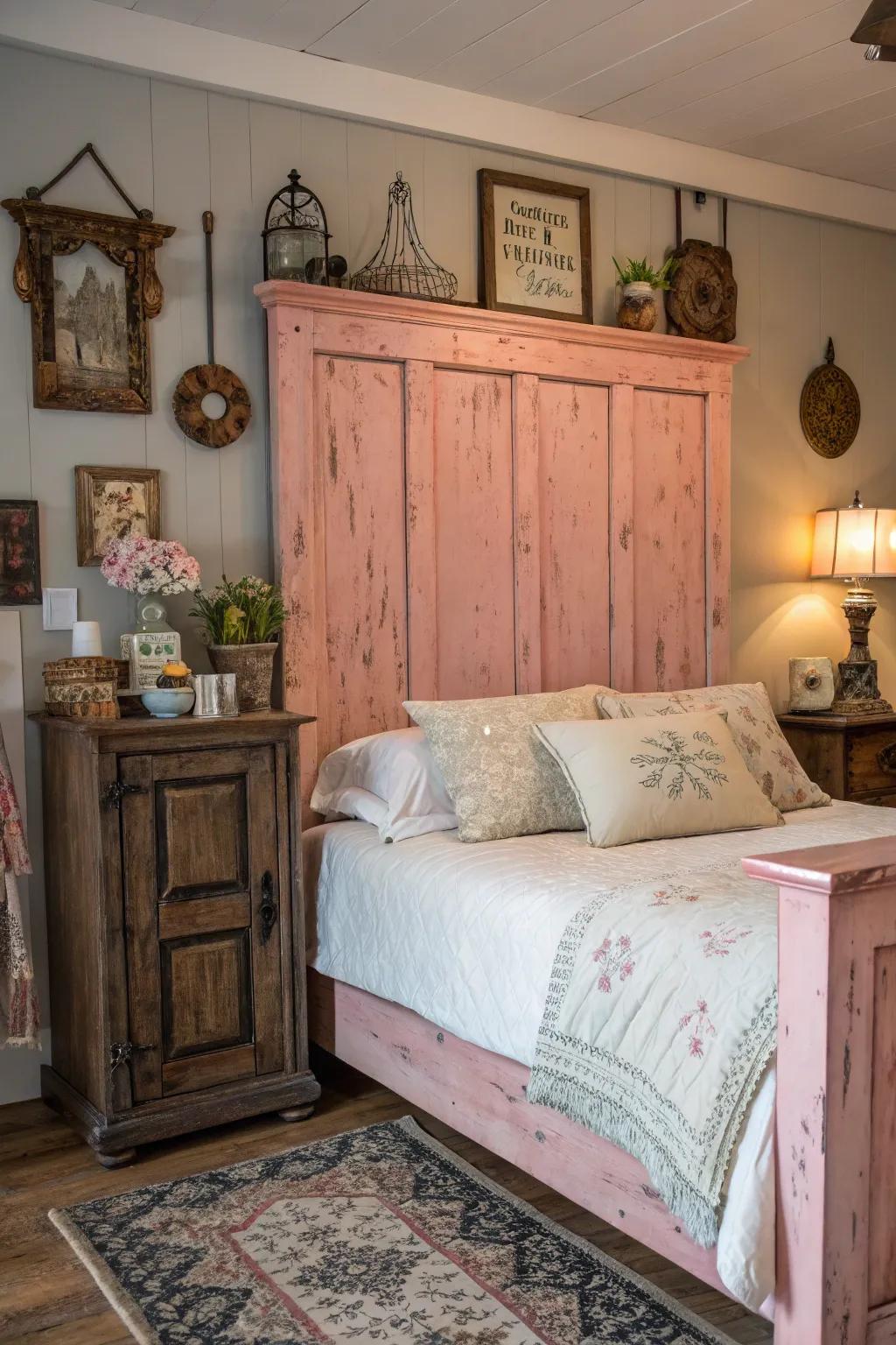 A countryside and attractive bedroom featuring a weathered rose timber panel.