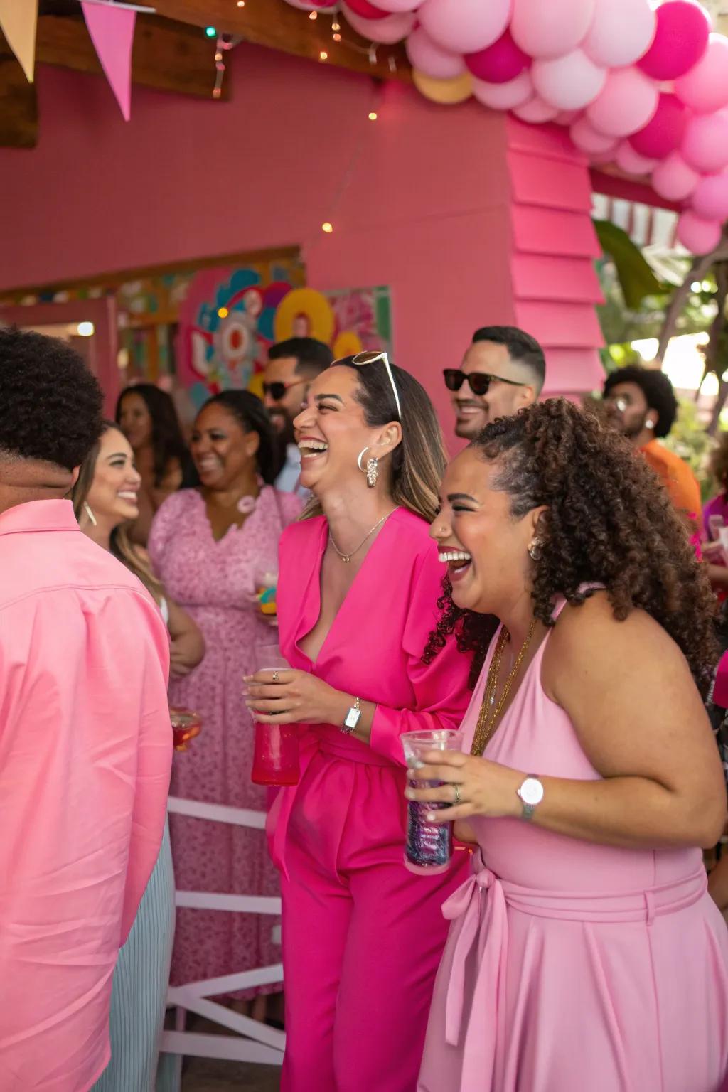 Attendees in rosy attire perfectly complement the party theme.
