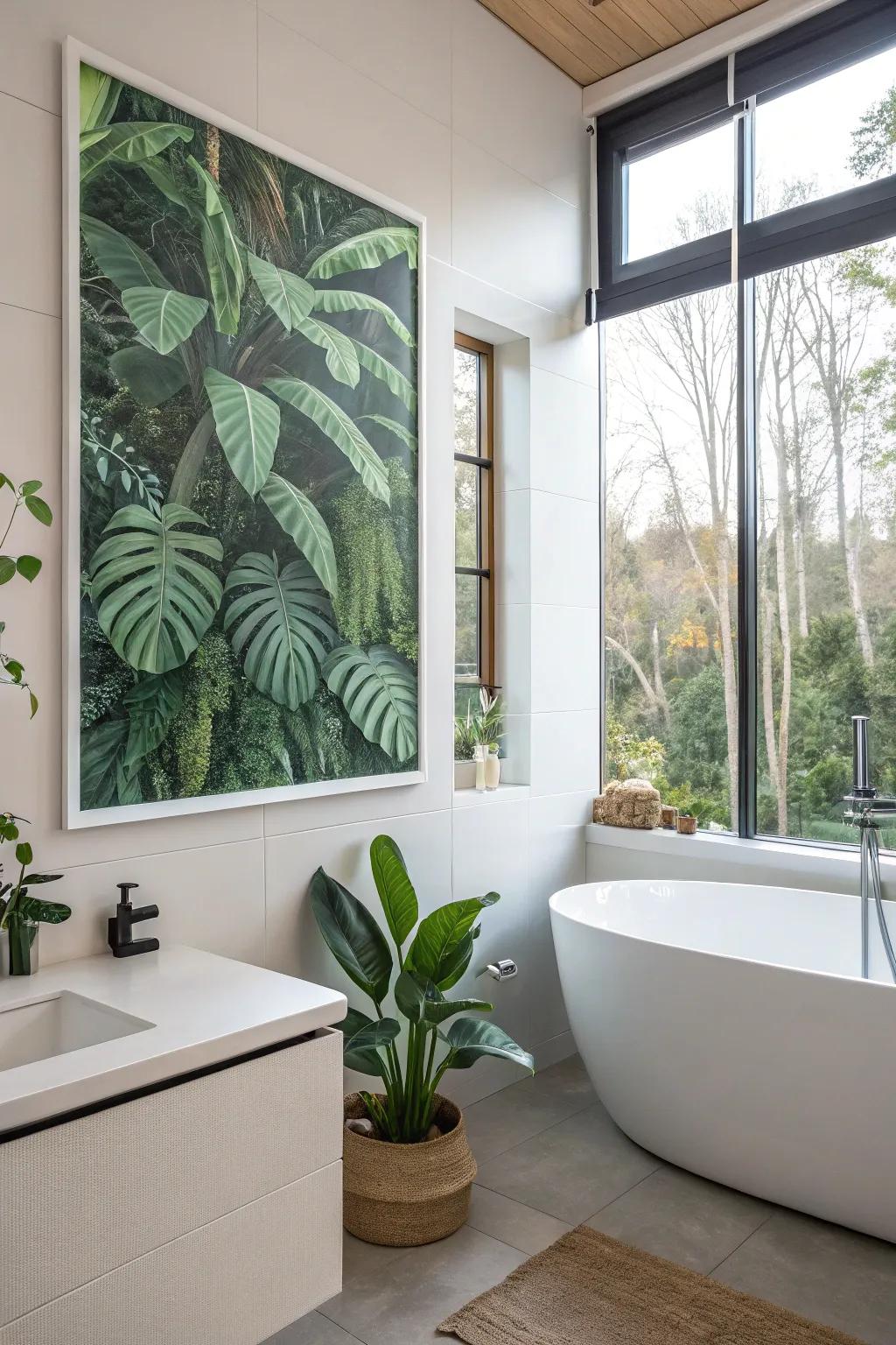 A nature-themed print adding a fresh feel to a bathroom with rich plant imagery.