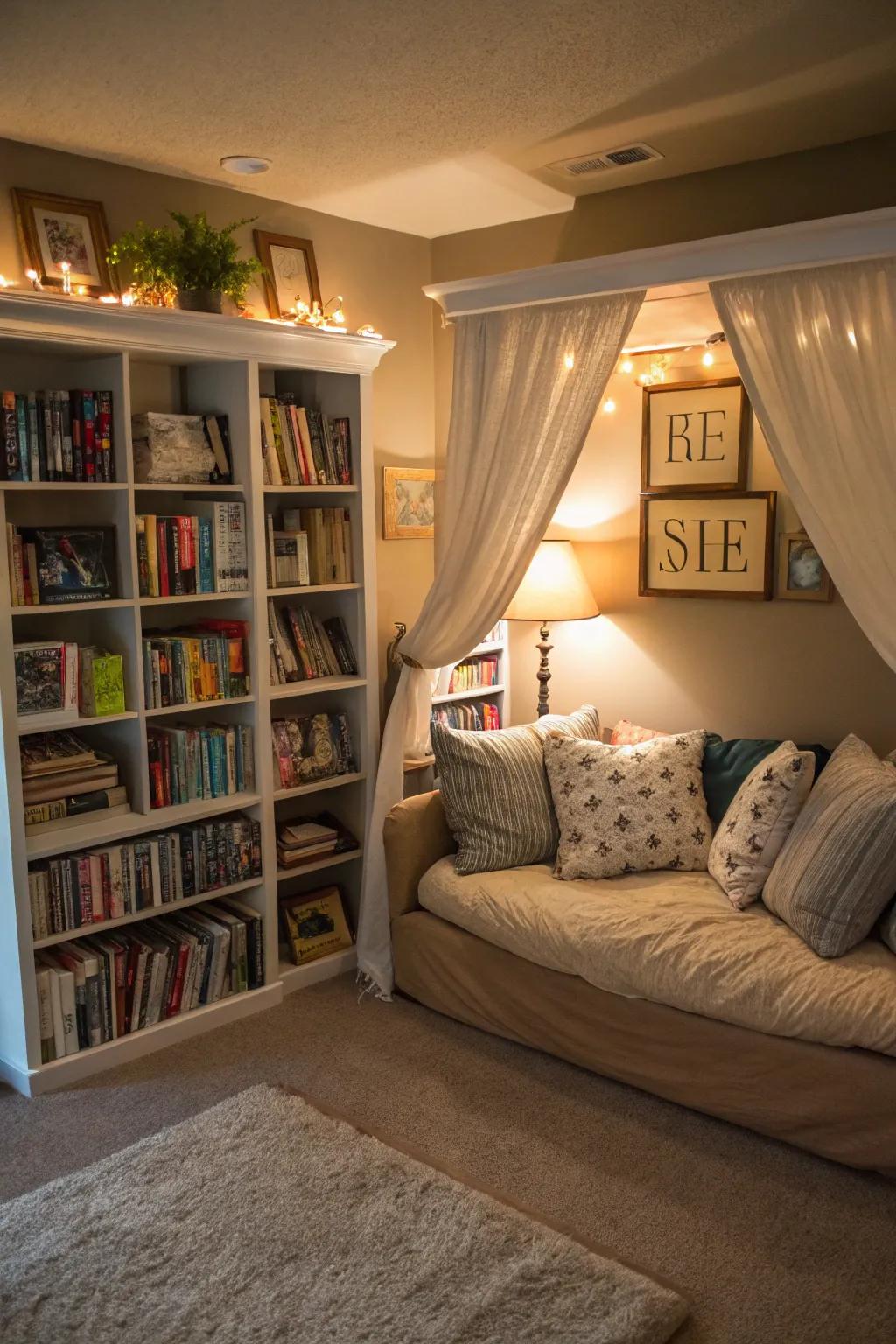 A peaceful nook in the playroom featuring a snug reading sofa.