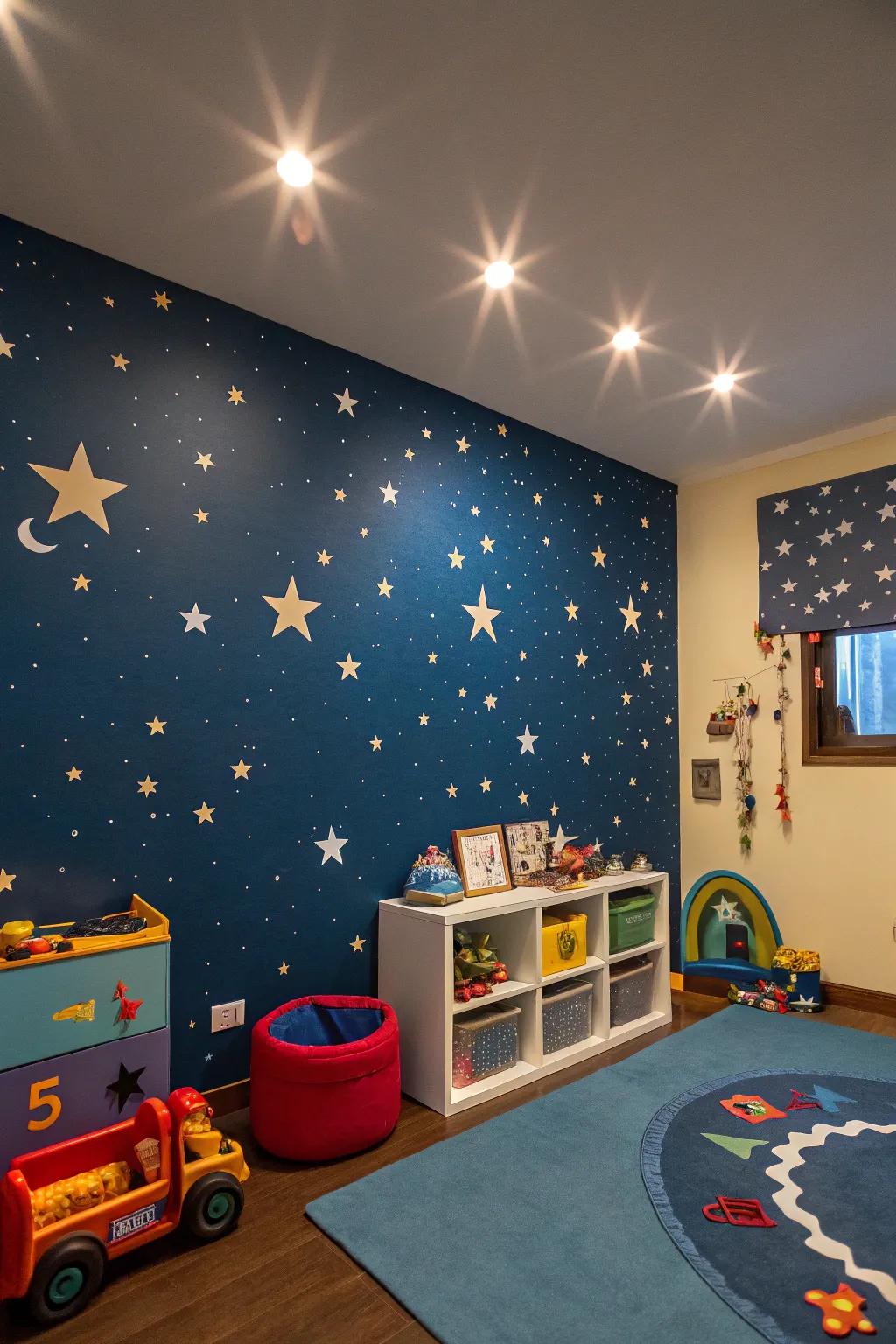 A cosmic galaxy theme inspires curiosity and imagination.