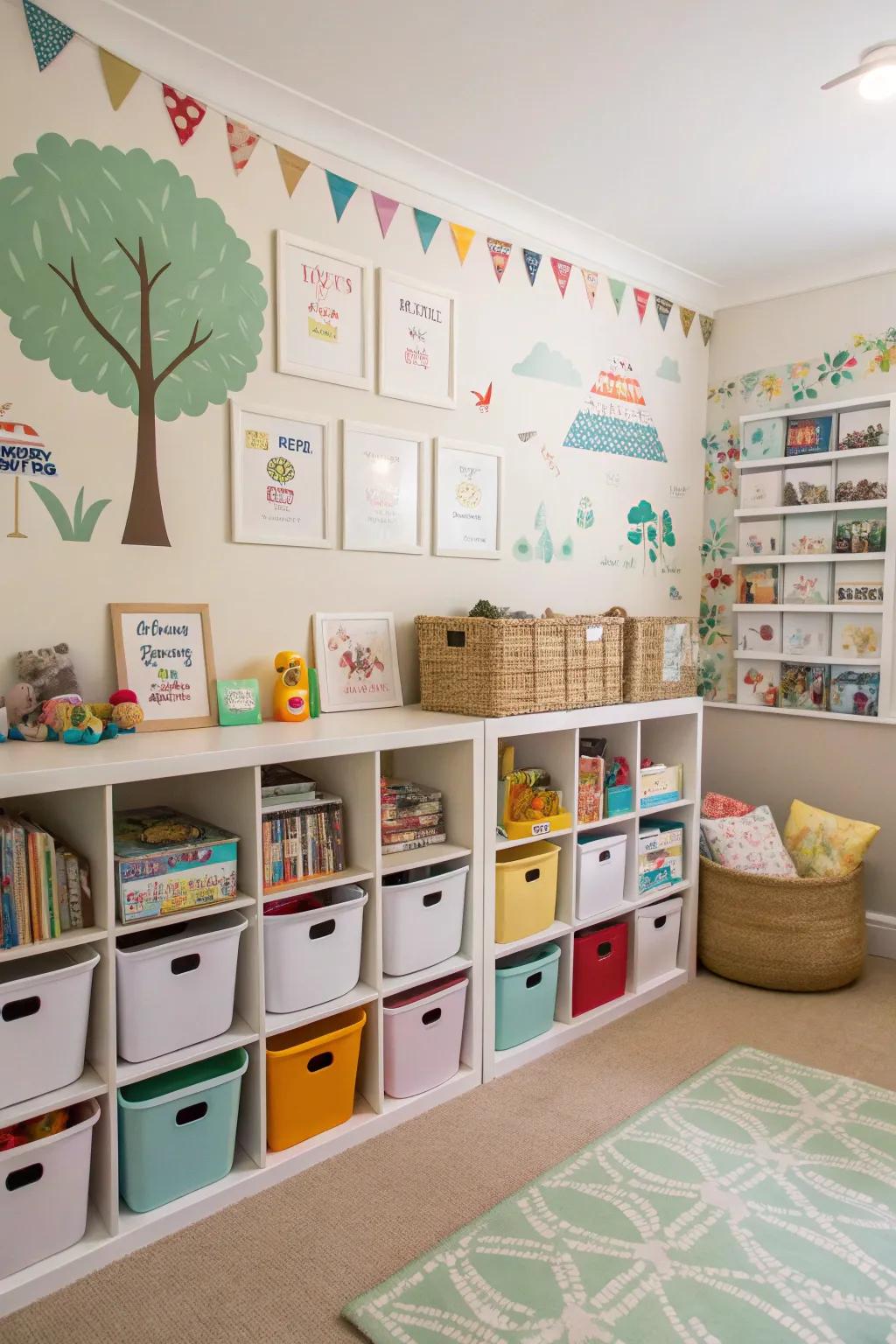 A playroom featuring themed storage options and entertaining accents.
