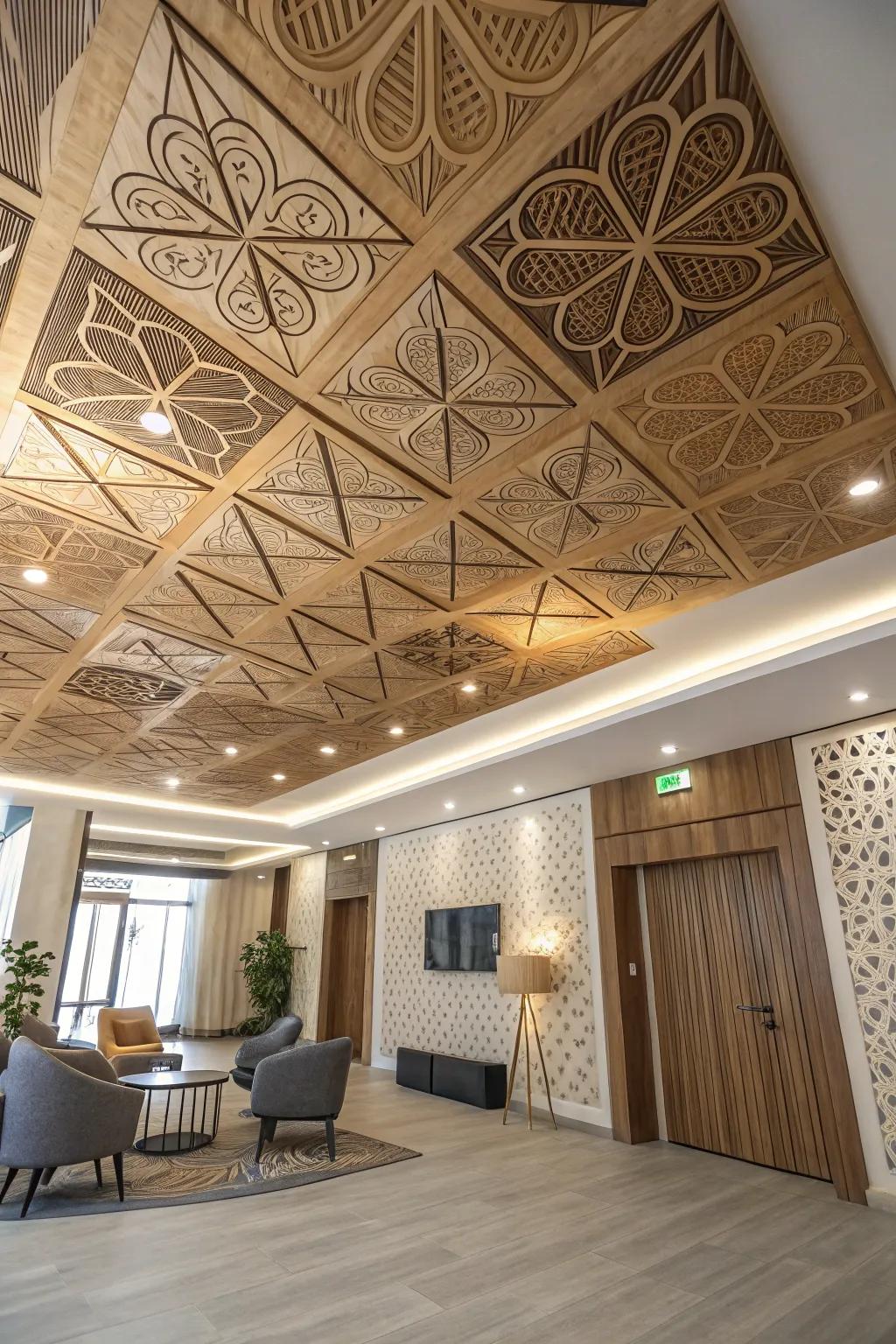 A stunning symmetrical plywood ceiling that includes architectural interest.