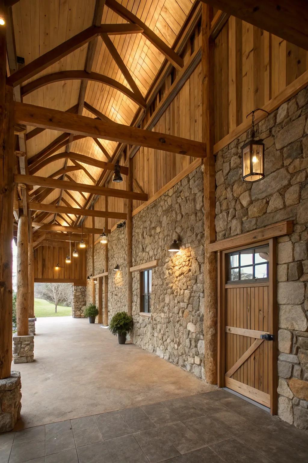 Natural elements in a pole barn with stone walls and wooden beams.