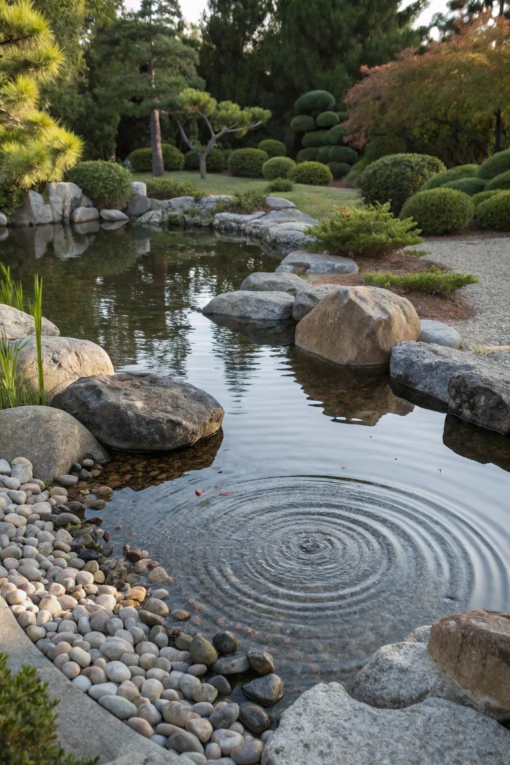 A rock garden offering a textured border for a tranquil pond.