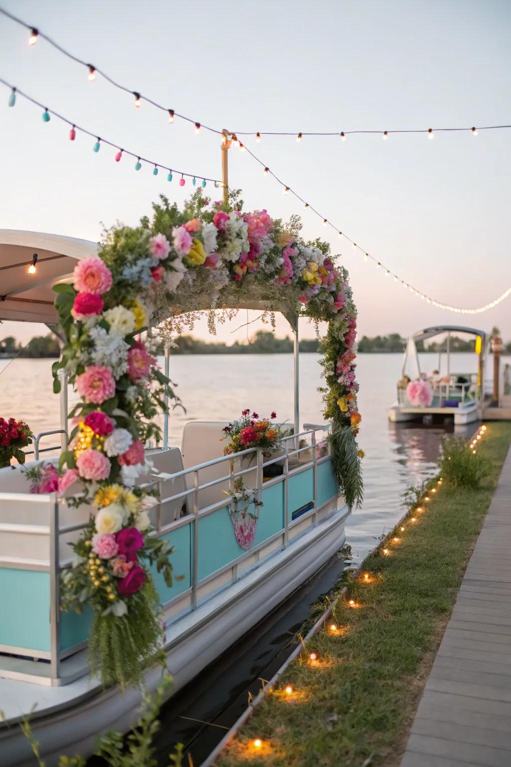 A pontoon boat designed with a garden party theme, bursting with flowers.