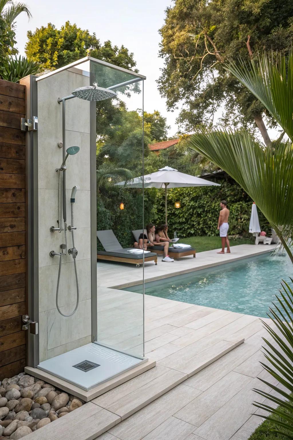 An outdoor shower offers a refreshing and practical poolside feature.