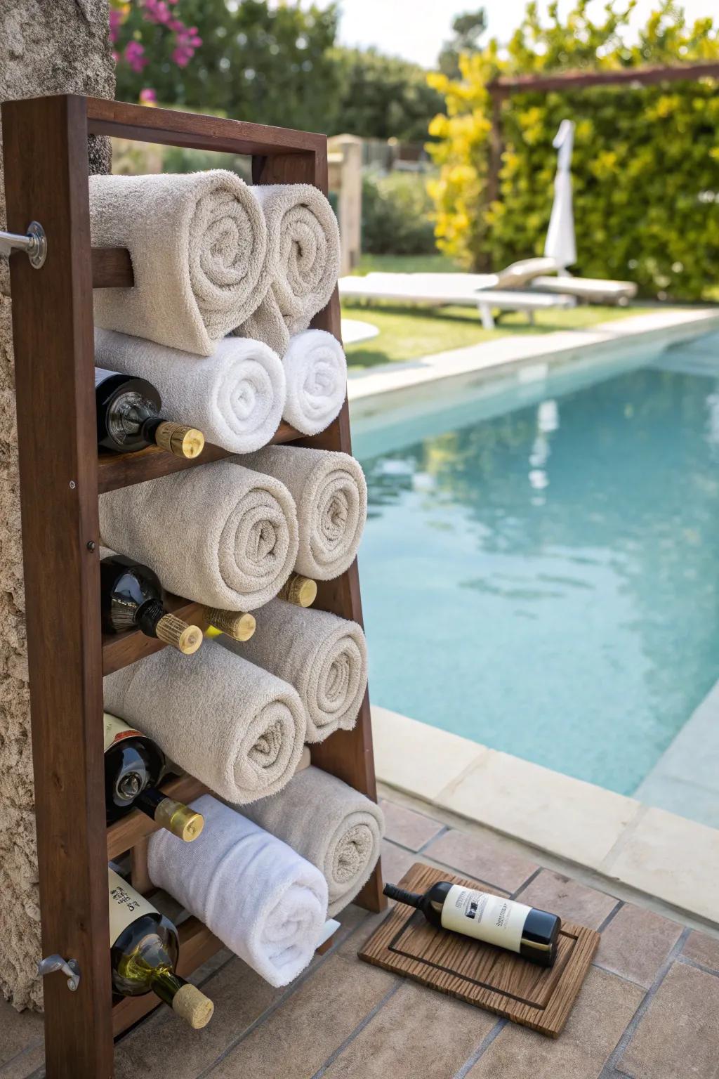 A wine rack has been ingeniously repurposed to hold towels.