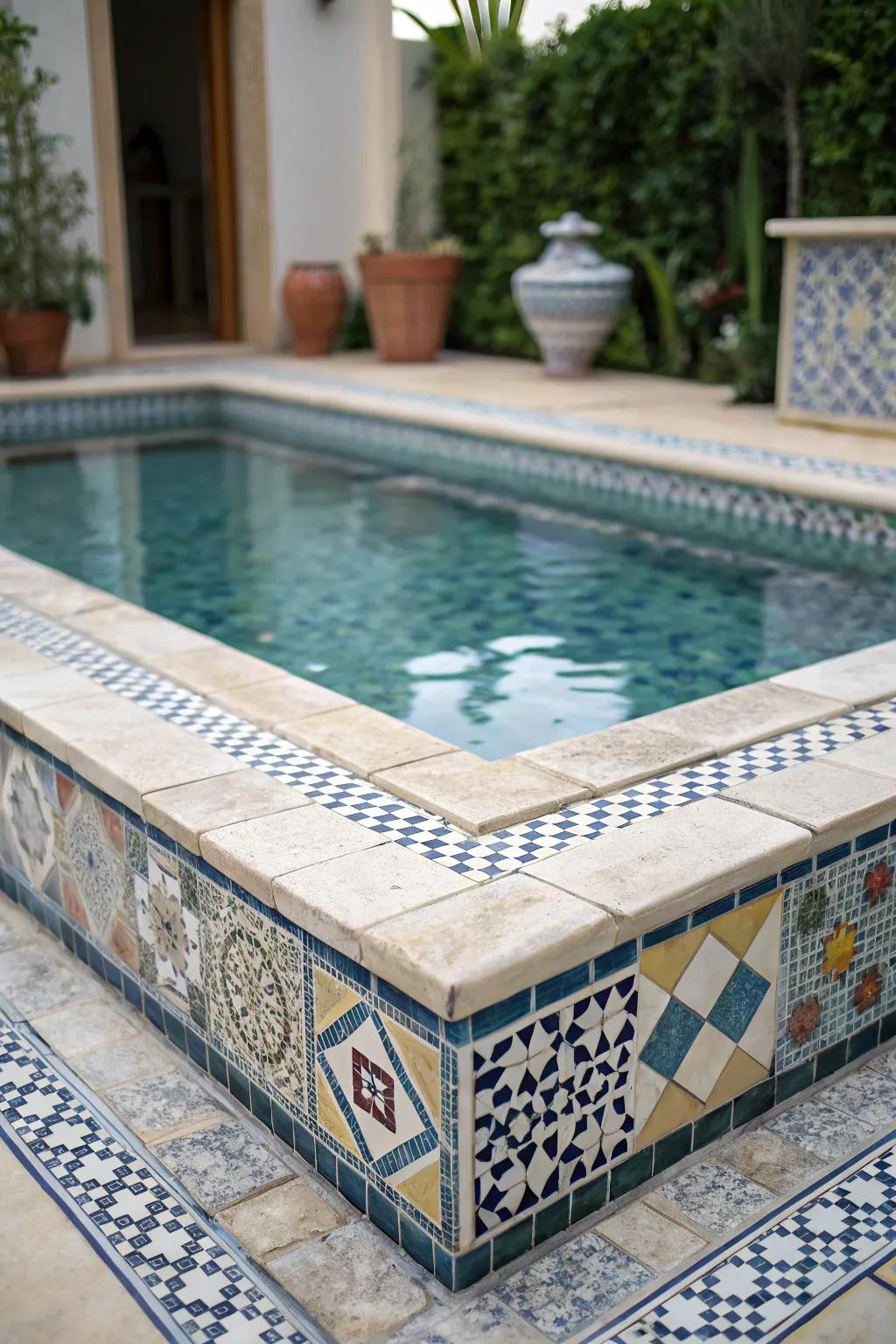 Compact pools can be charming with the right choice of detailed small tiles.