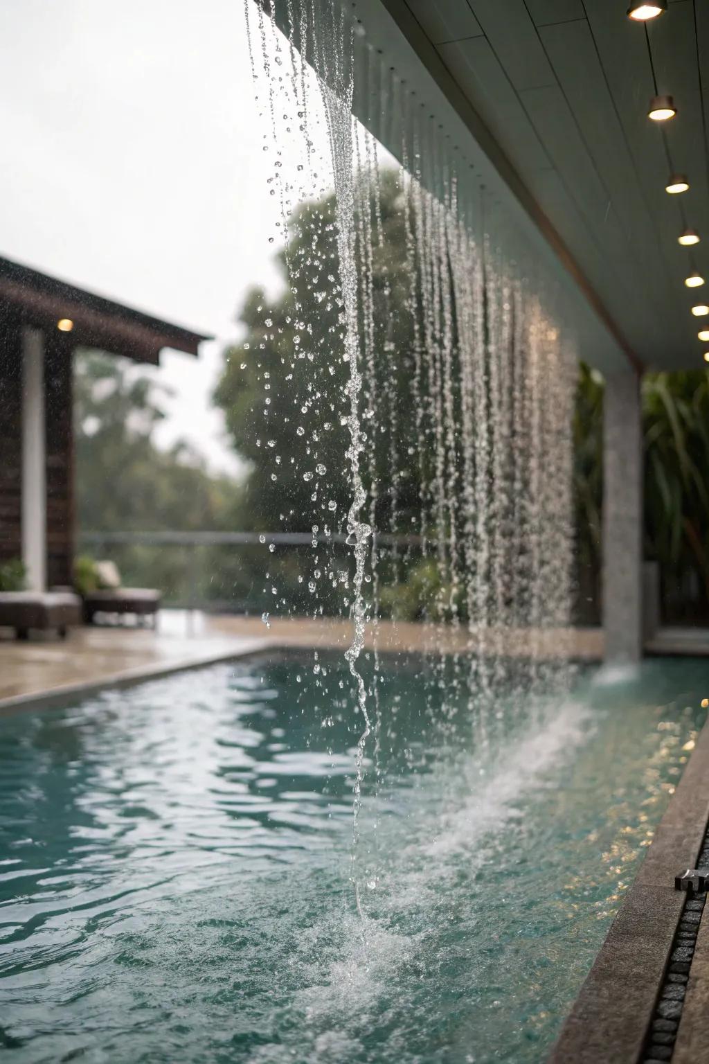 Rain curtains offer a captivating and soothing pool feature.