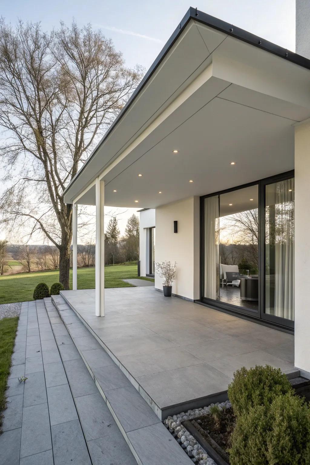 A modern minimalist porch addition featuring clean lines.
