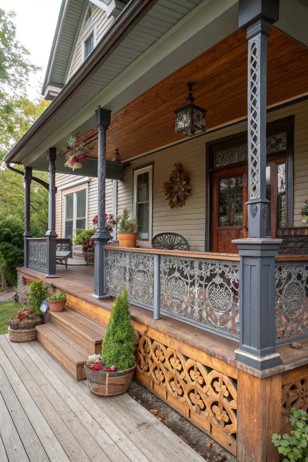 A unique porch featuring a knee wall of varied materials.