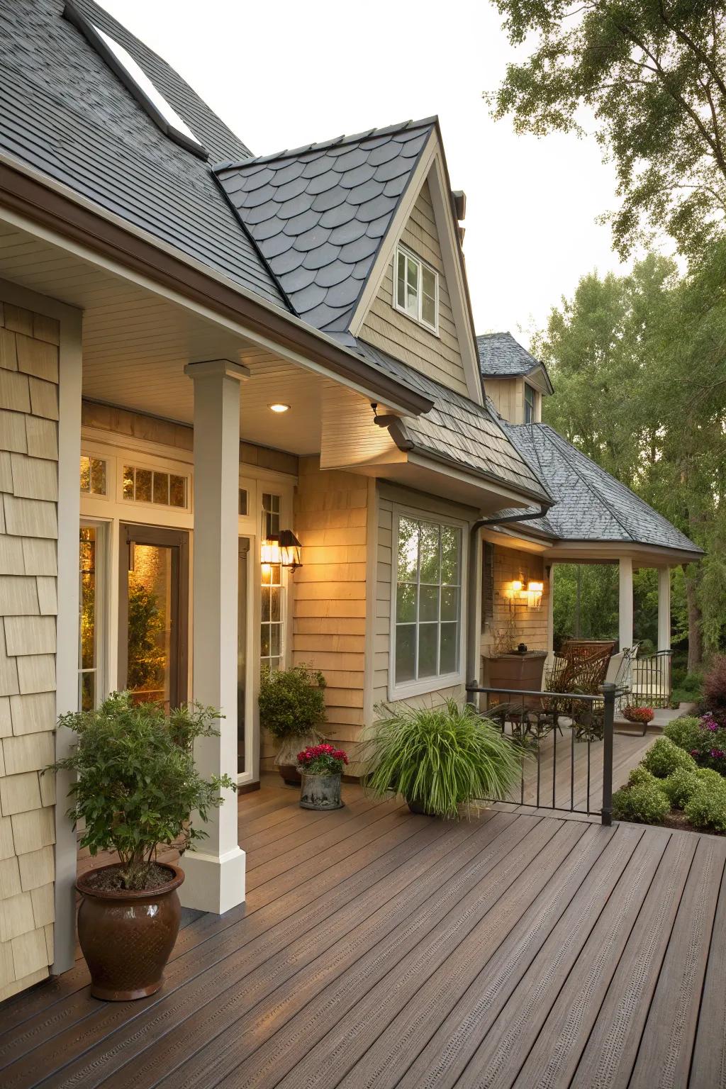 Textural intrigue with varied roofing.
