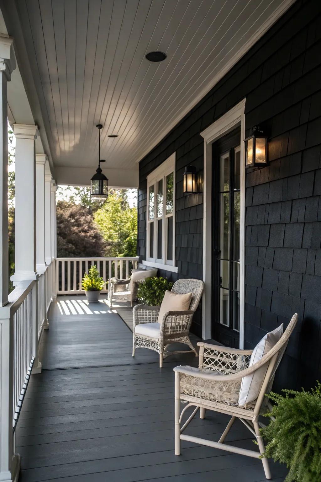 A brooding coal porch that provides a striking and modern aesthetic.