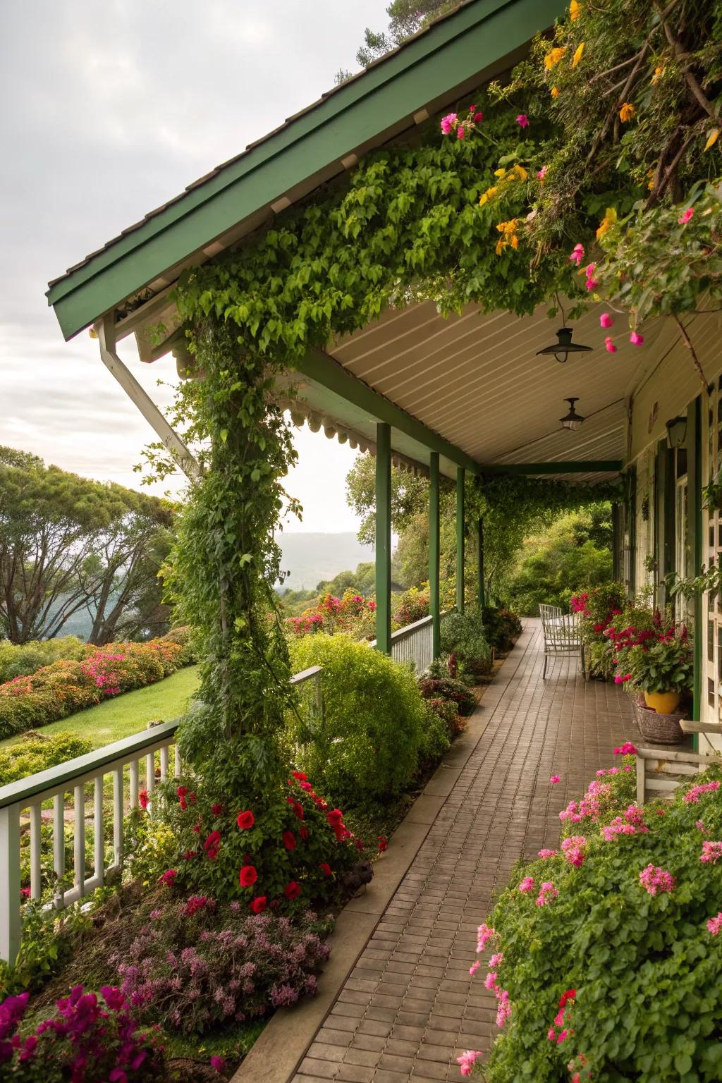 Design meets nature with a green porch roof.