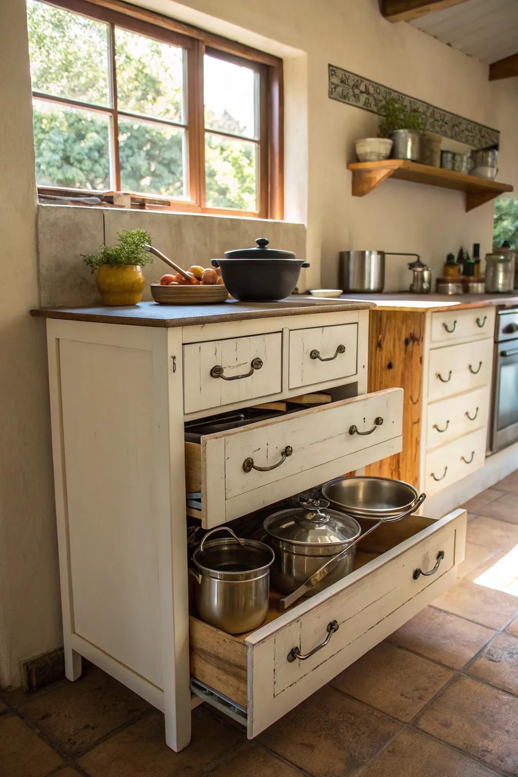 Repurposed furniture offers unique and functional storage.