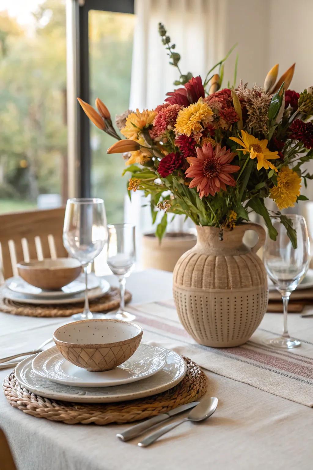 Pottery centerpiece with seasonal flowers on a dining table.