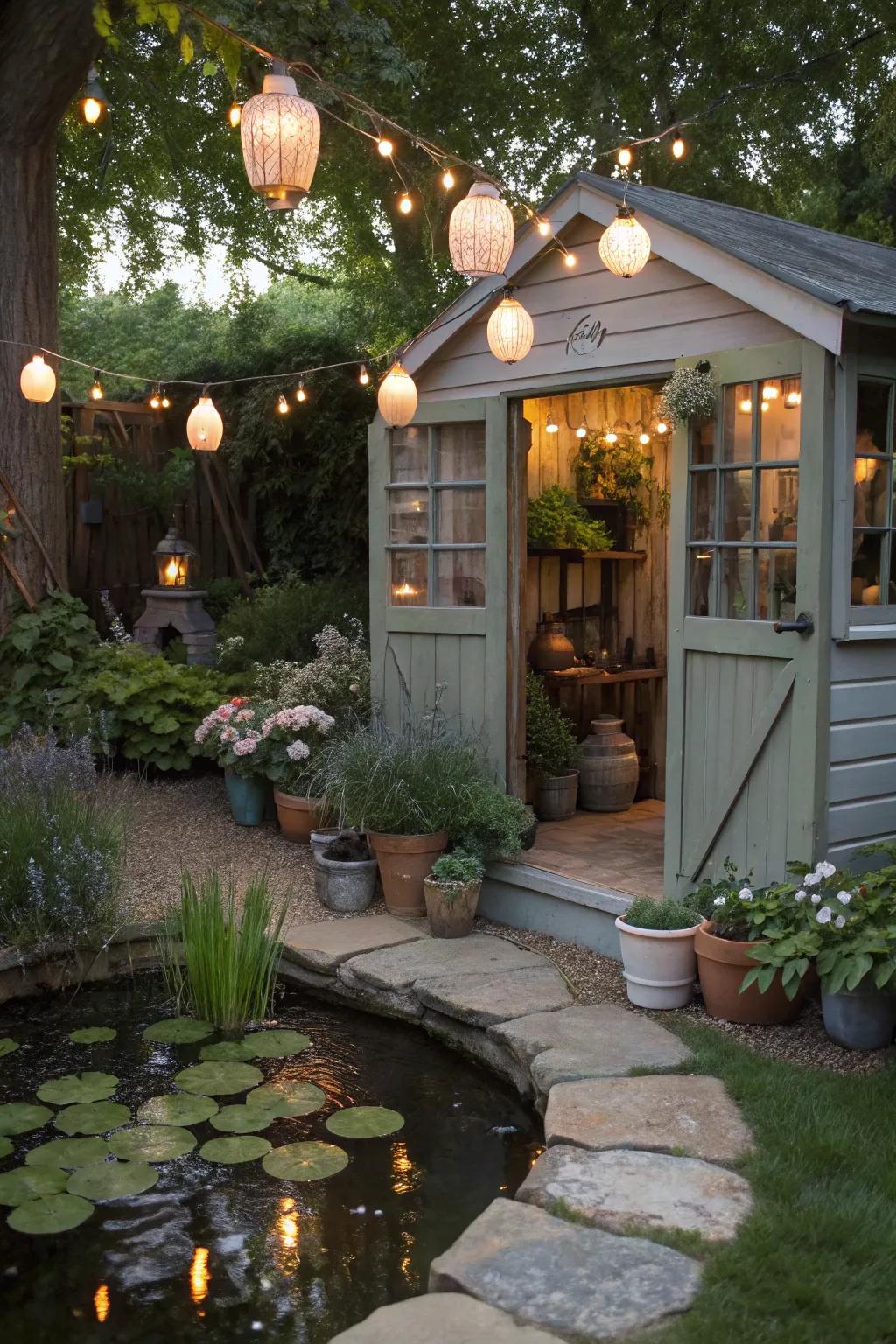 A potting shed with fanciful enhancements.