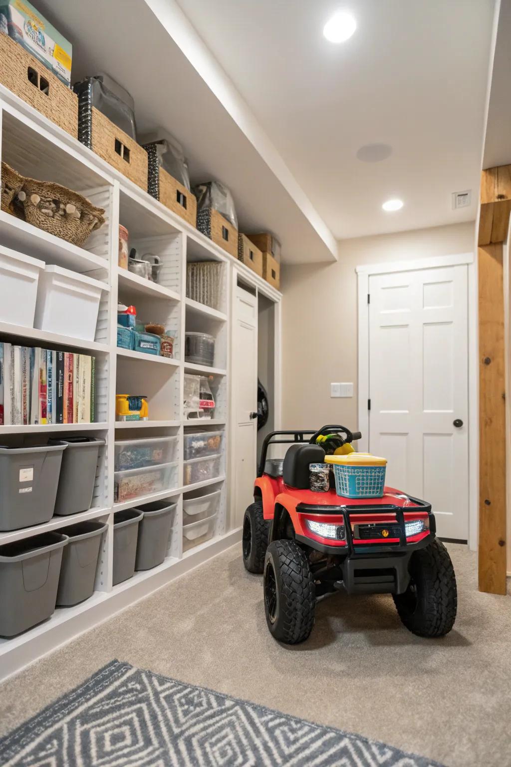 Basement alcoves providing ideal storage spots for electric ride-on cars.