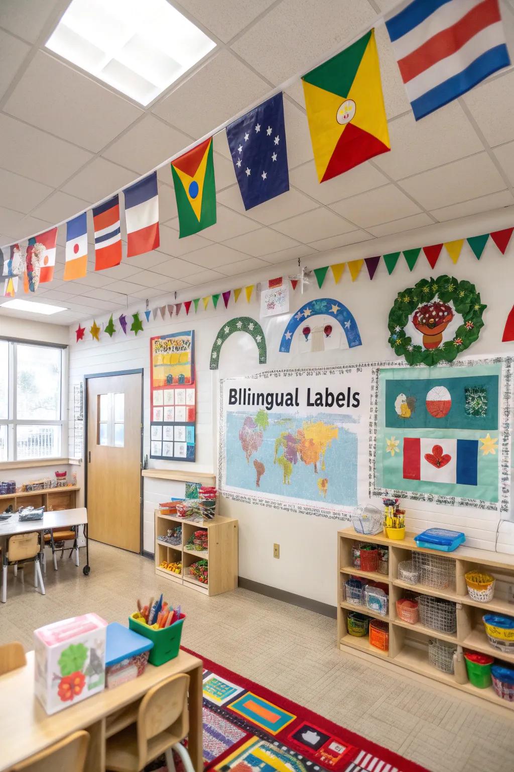 Culturally rich decor featuring bilingual signs.