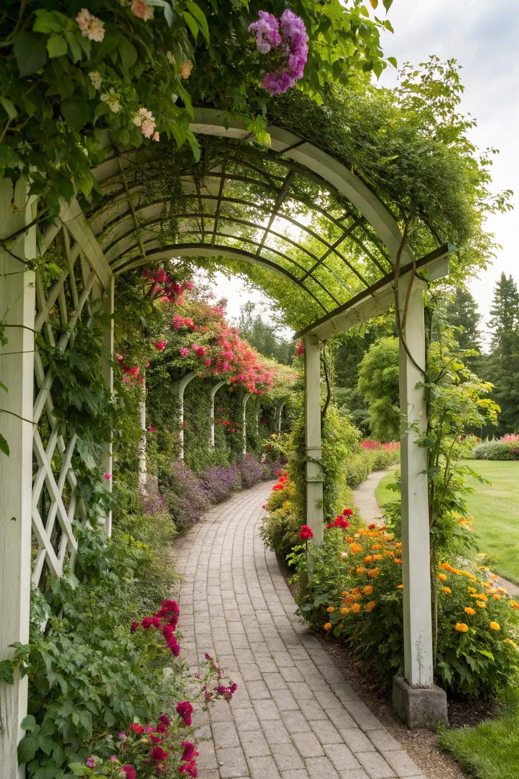 Trellises with climbing plants blend nature and privacy seamlessly.