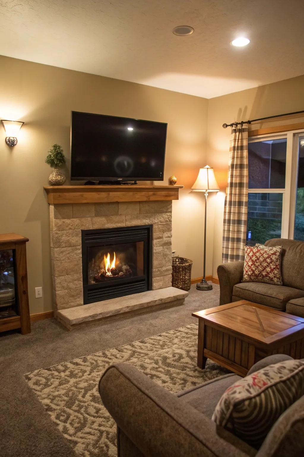 A living area featuring a propane fireplace with a TV configuration.