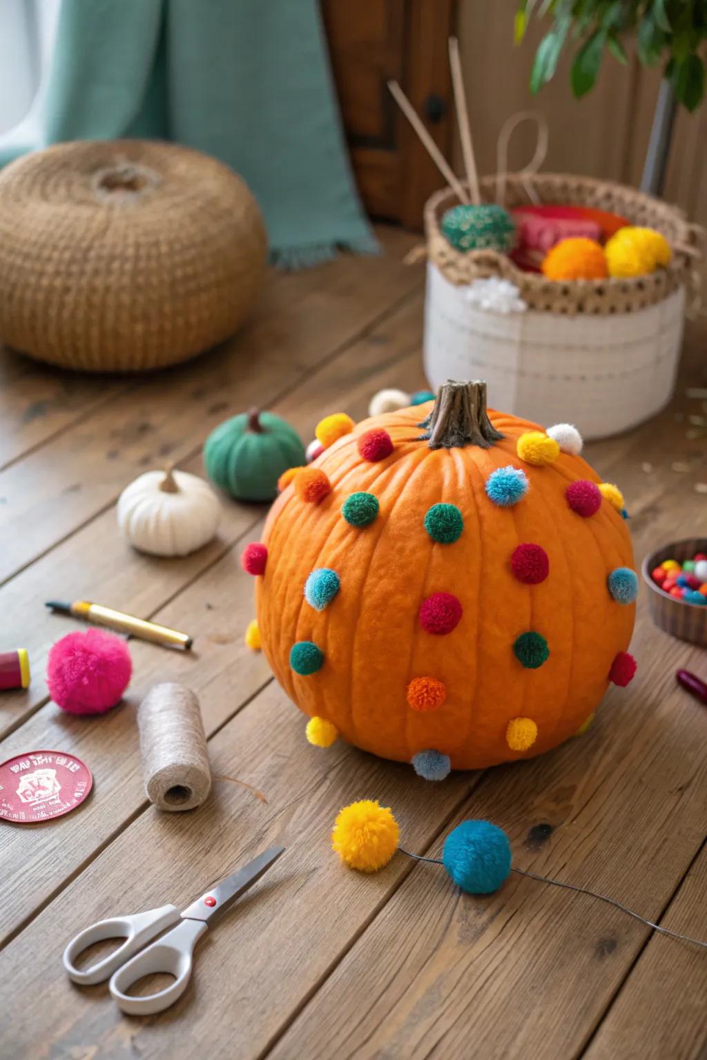 Pom-pom pumpkins bring a cheerful and playful energy.