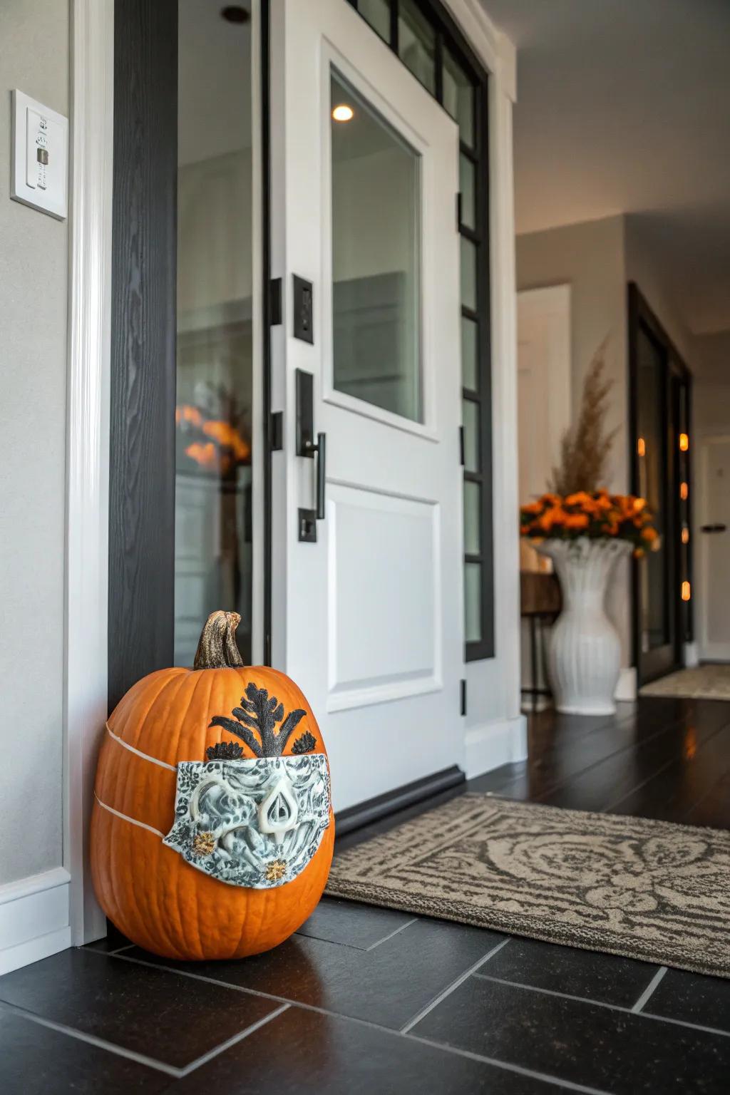 Masked pumpkins contribute mystery to your Halloween décor.