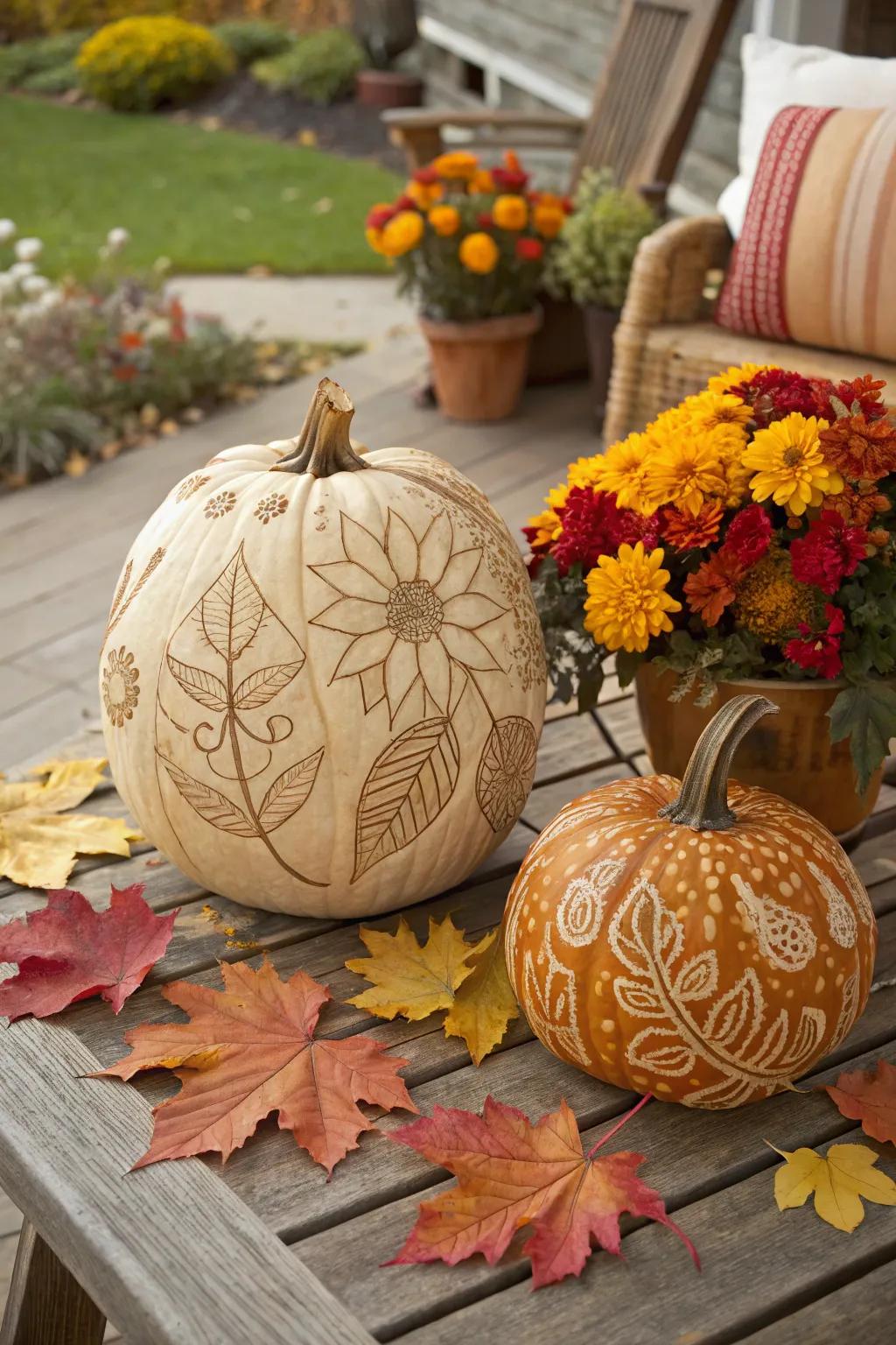 Celebrate autumn with elegant vegetation-inspired pumpkin designs.