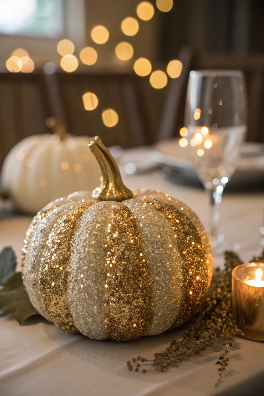 An elegant glitter pumpkin enhancing autumn decorations.