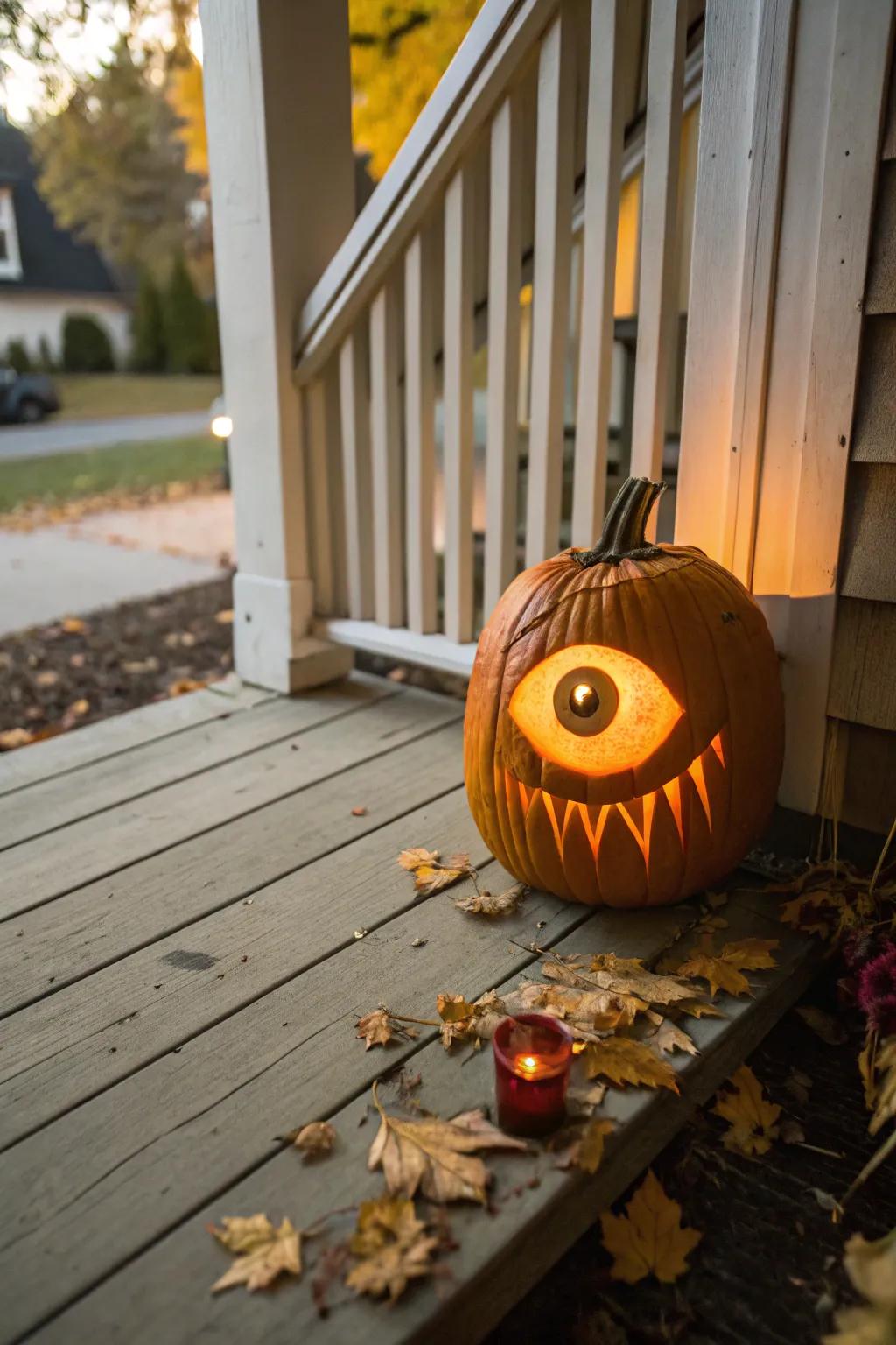 A one-eyed giant pumpkin infuses a humorous and chilling element into your presentation.