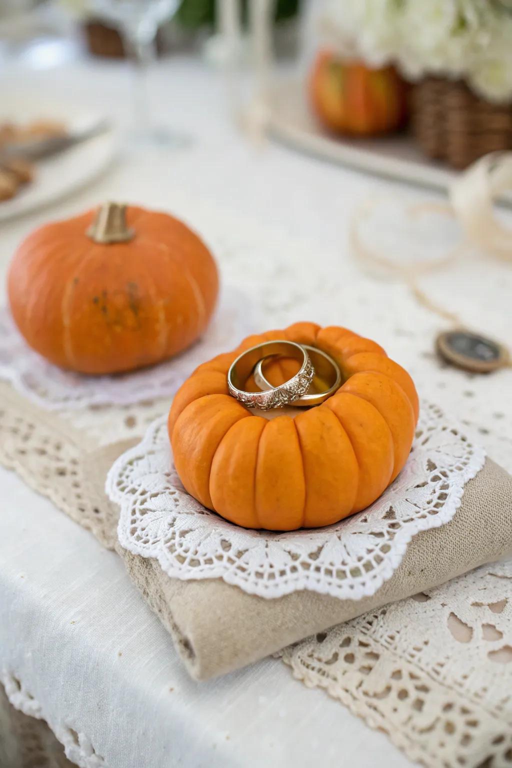 A whimsical squash ring pillow adding charm to the service.