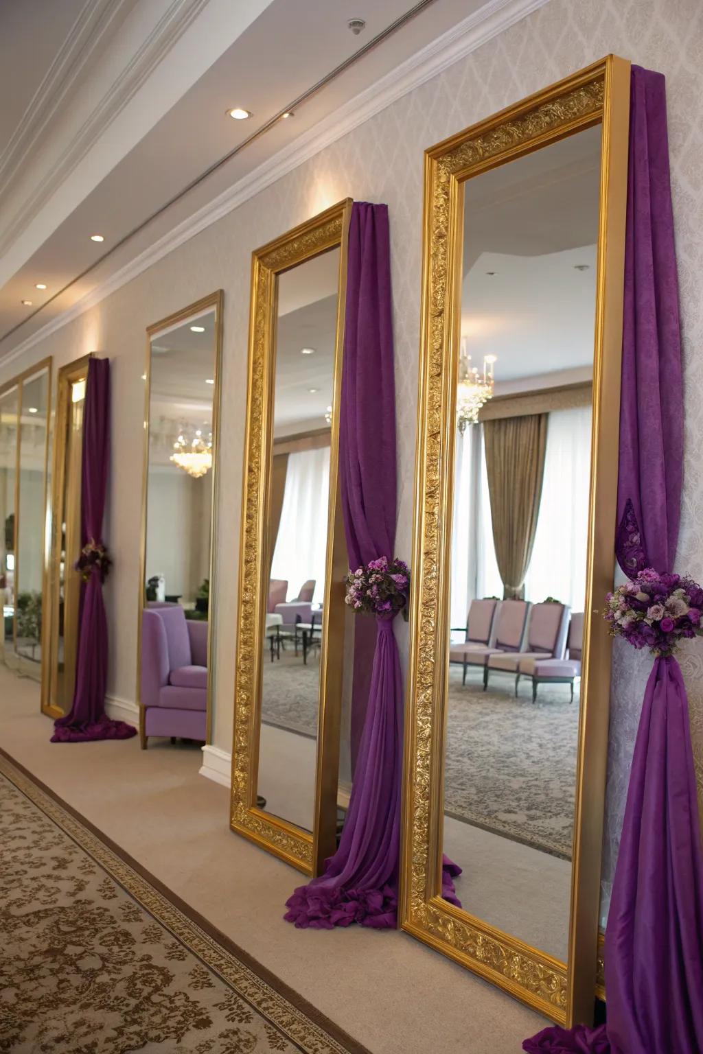 Gold mirrors reflect light and amplify the sense of space.