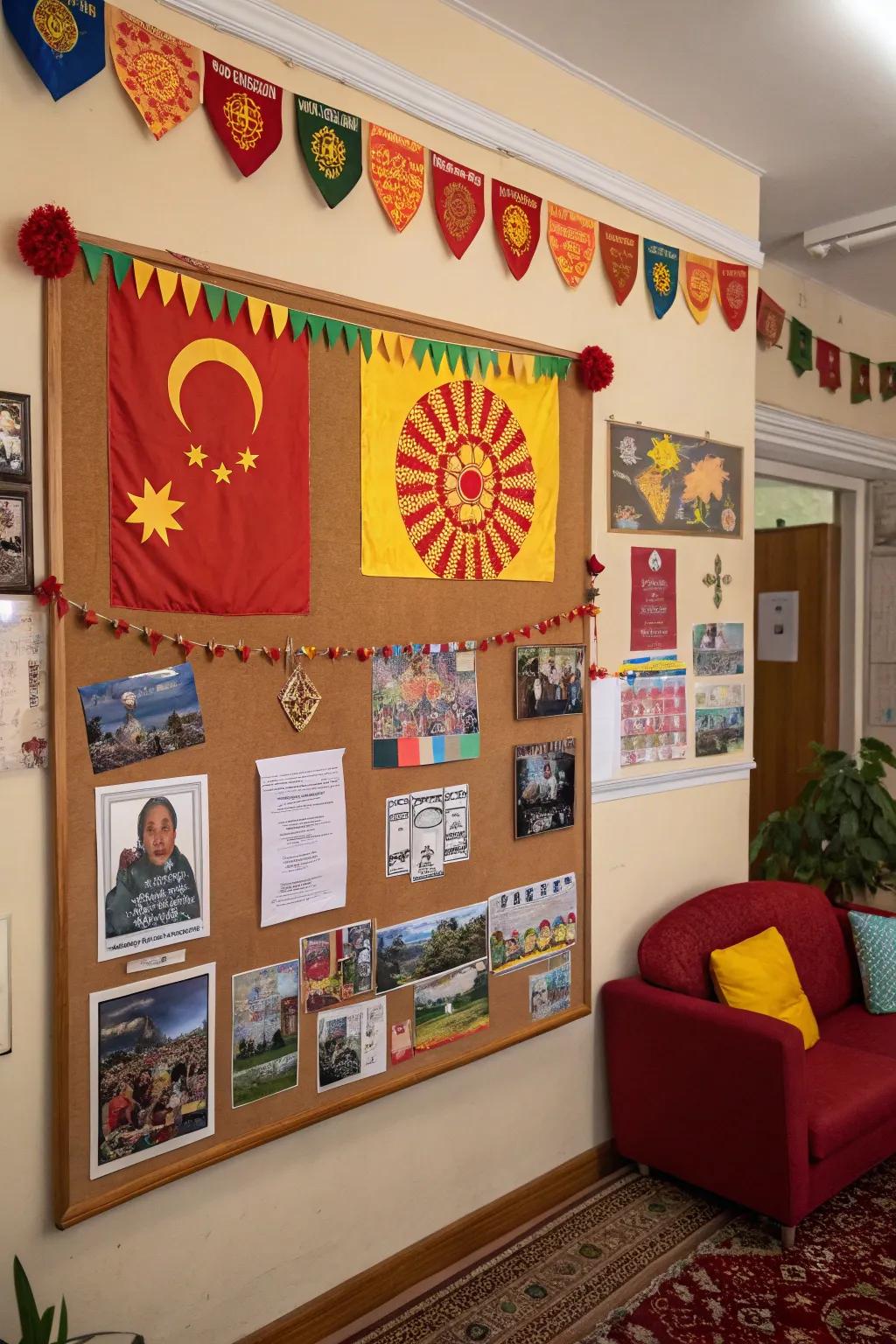 A board celebrating cultural diversity using vibrant symbols.