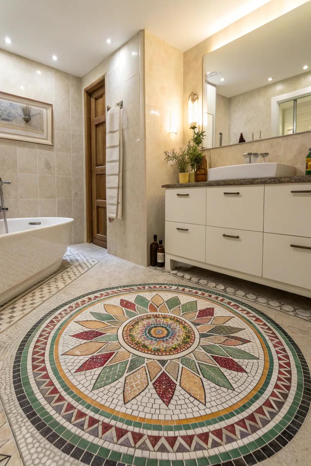 A bathroom brightened by a mosaic tile design.