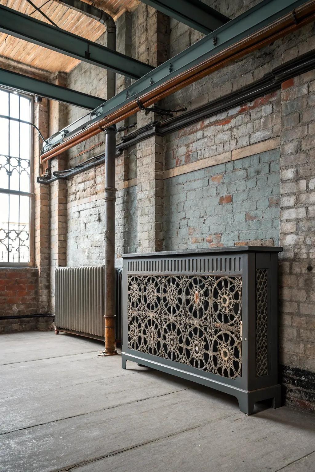 A metal grate design gives a radiator shield an industrial edge.