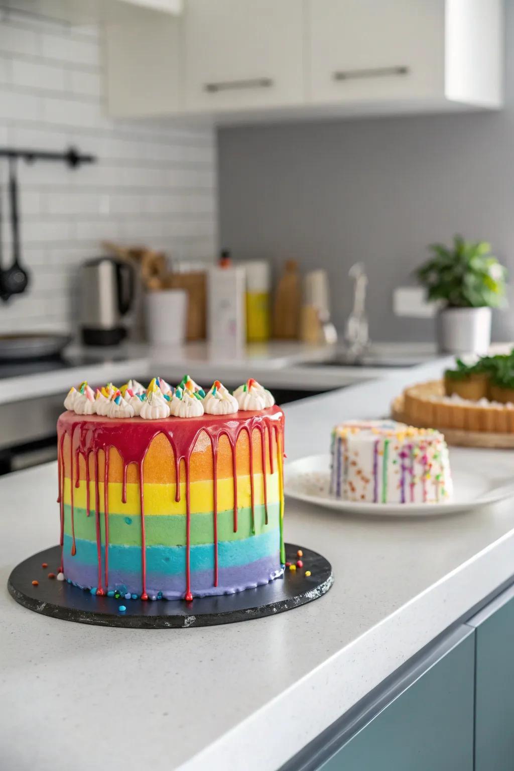 The color spectrum drizzle dessert delivers a contemporary and artistic aesthetic.