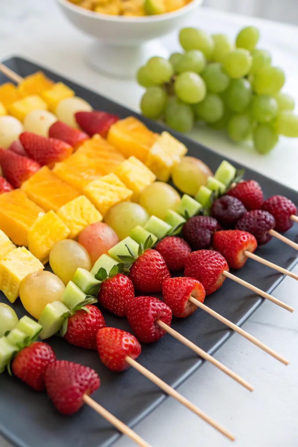 A platter showcasing radiant and healthful spectrum fruit skewers.