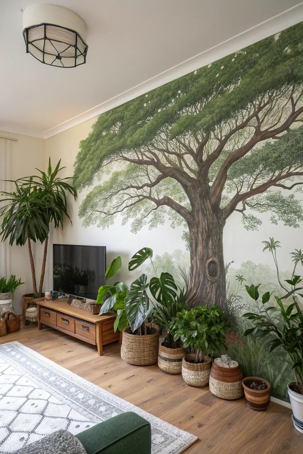 Create a striking focal point with a tree mural.