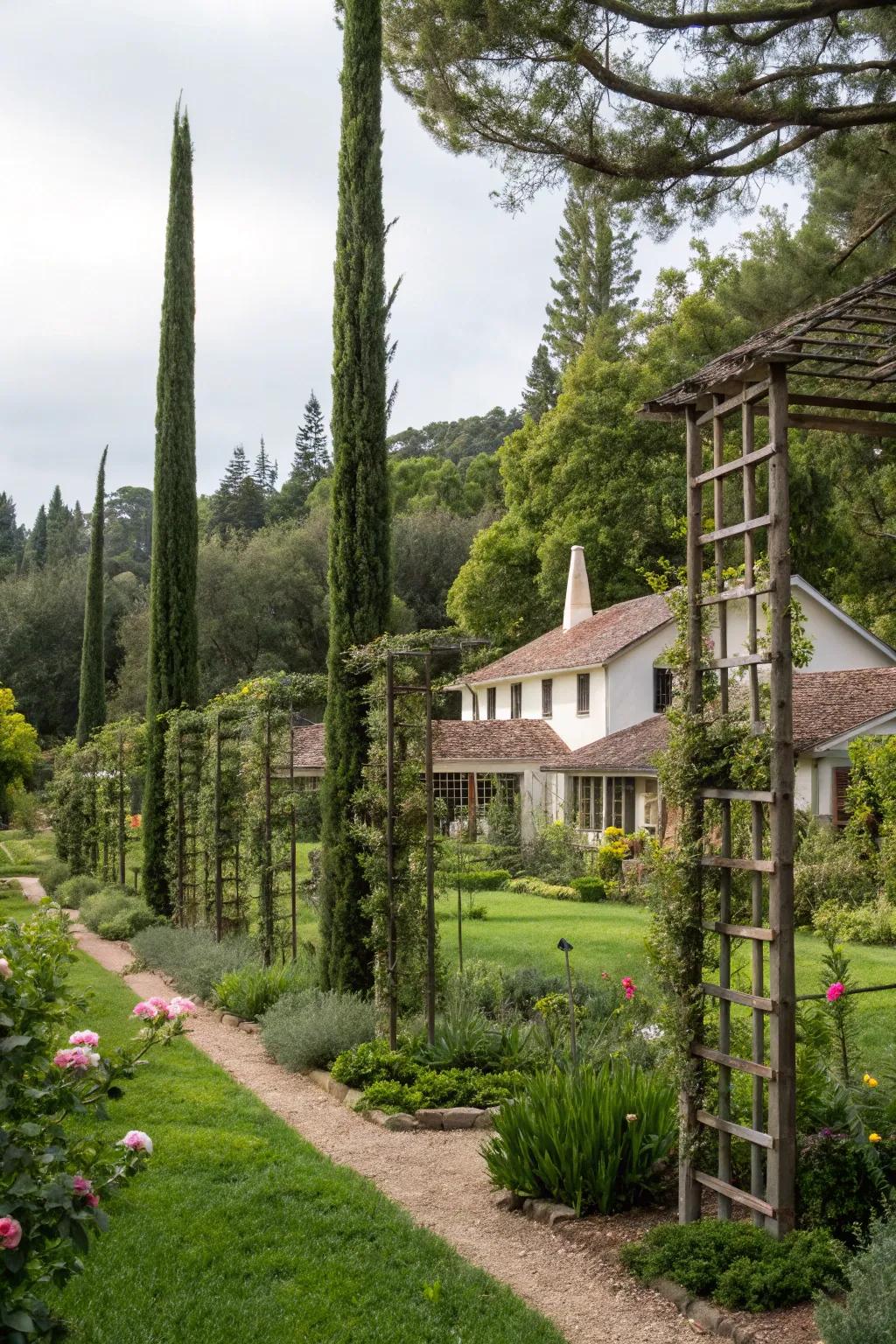 Upright landscaping features bring dimension and diversity to this ranch house garden.